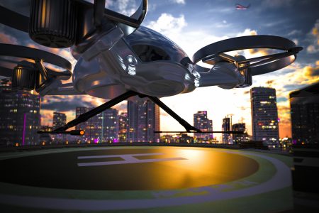 EVTOL ready to land on the roof tarmac. Credit iStock.